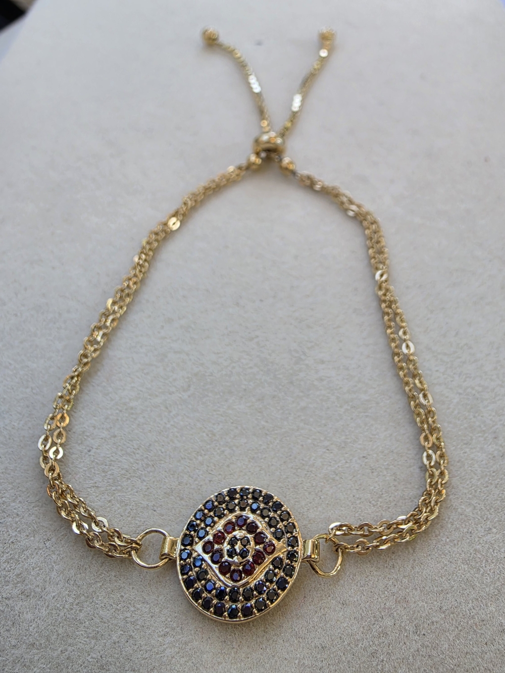 Turkish 925 Silver Gold Evil Eye Pave Boho Adjustable Bolo Bracelet • 4.91g